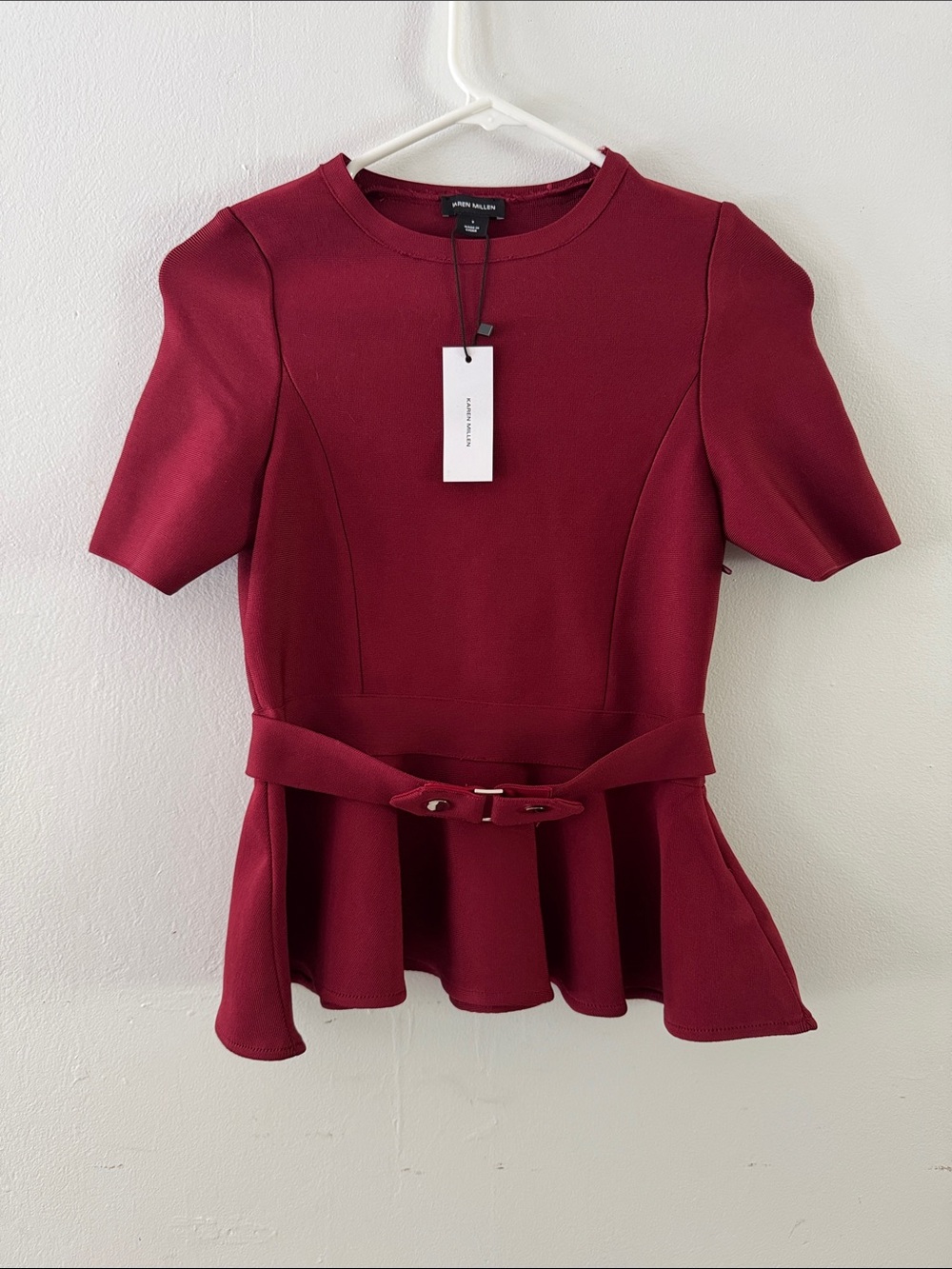 NWT Karen Millen Womens Trimmed Waist Peplum Bandage Knit Detail Top Sz S